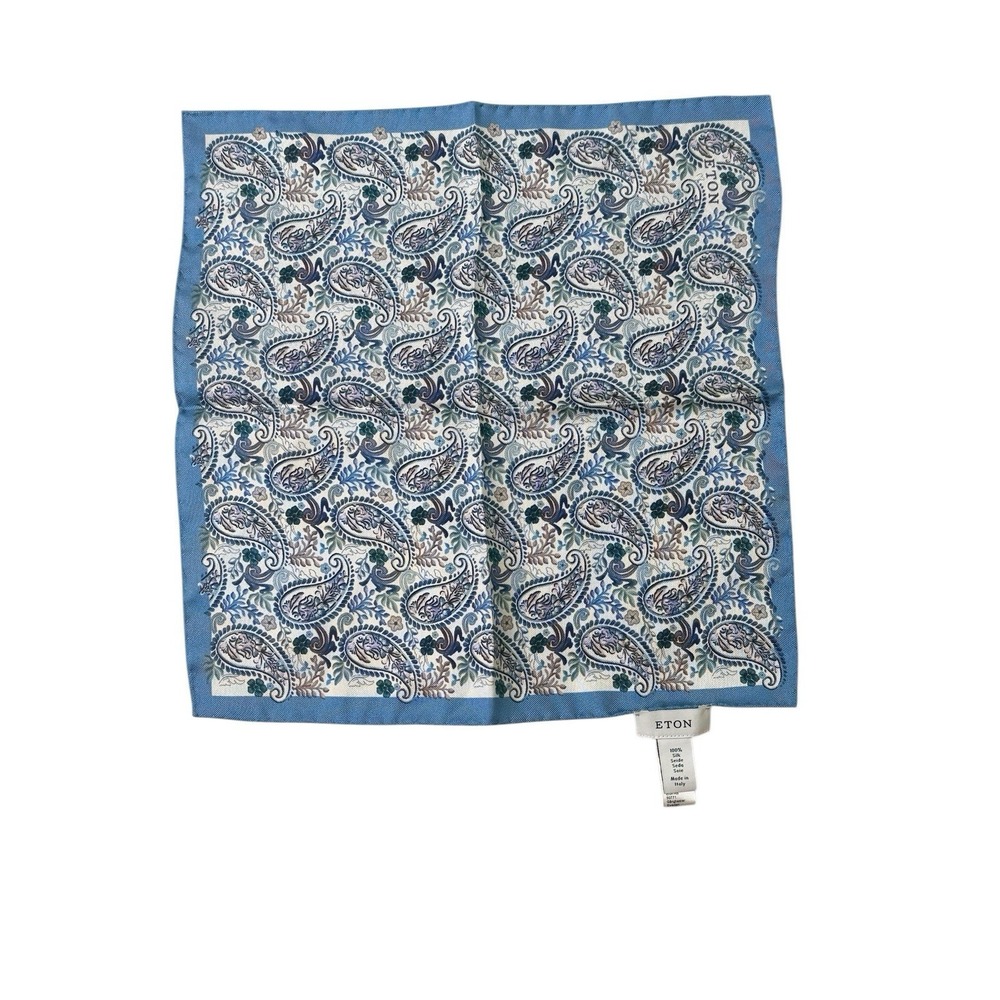 Eton of Sweden Silk Pocket Square Paisley Blue Made in Italy Luxury Hand Rolled